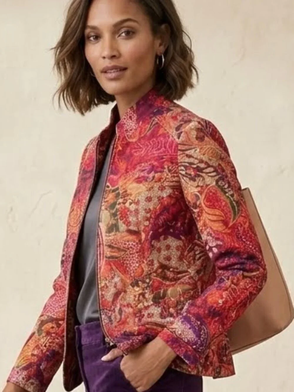 Coldwater Creek Vibrant Red Floral Paisley Boho Cotton Zip Front Jacket M